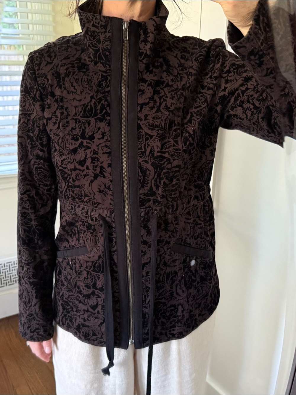 LOFT high neck Black Floral paisley zip Jacket